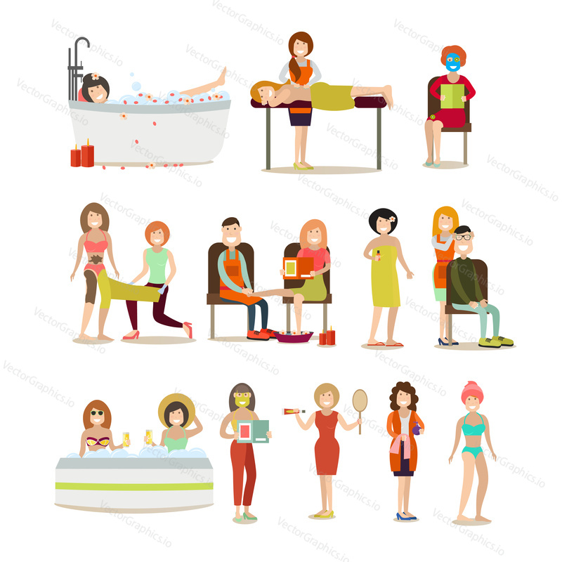 Vector illustration of people enjoying relaxing massages, warming body wraps, aroma bath procedures, jacuzzi, facial masks. Spa people flat style design elements, icons isolated on white background.