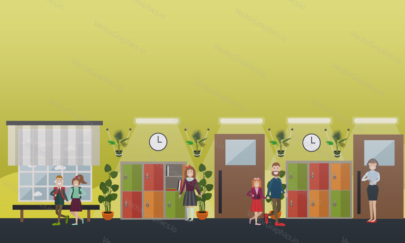 Vector illustration of teacher, school children, father with daughter, school hallway interior with lockers. School concept flat style design elements.