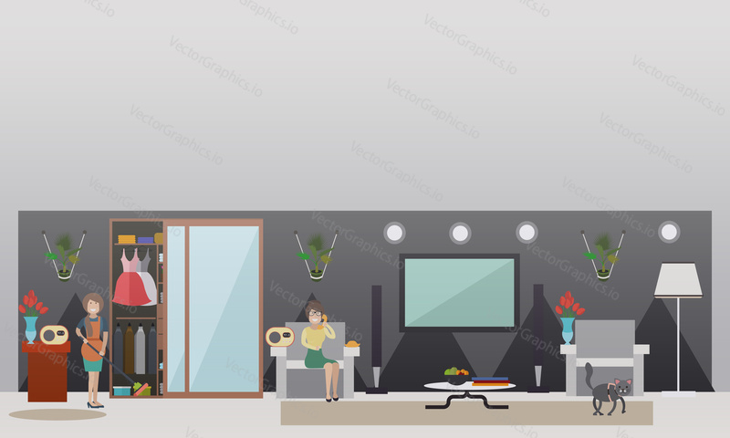Vector illustration of housewife listening to radio while washing flooring with sponge mop, woman calling in to radio station while sitting on sofa. Call-in radio programme concept flat style design.
