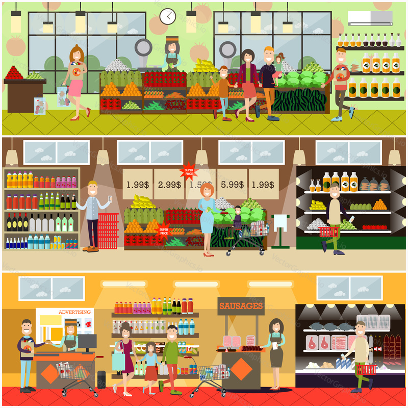Vector set of posters with grocery store or supermarket interior with cashiers, promoters, buyers men, women, families. People making purchases concept. Flat style design.