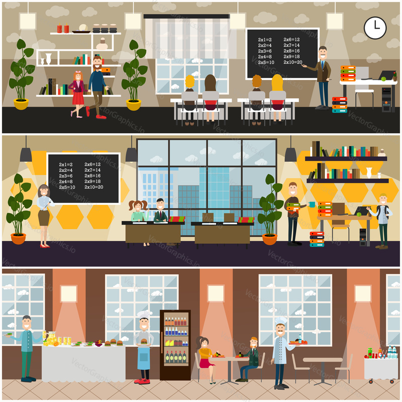 Vector set of posters with teachers and school children, classroom interior with furniture and supplies, school canteen with dining furniture food and drink. School concept flat style design elements.