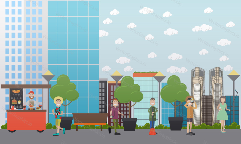 Vector illustration of tourists going sightseeing. Traveling concept flat style design.