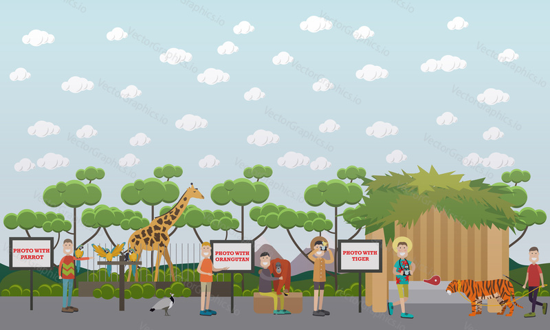Vector illustration of tourists getting photo with exotic animals and birds while visiting zoo. Flat style design.