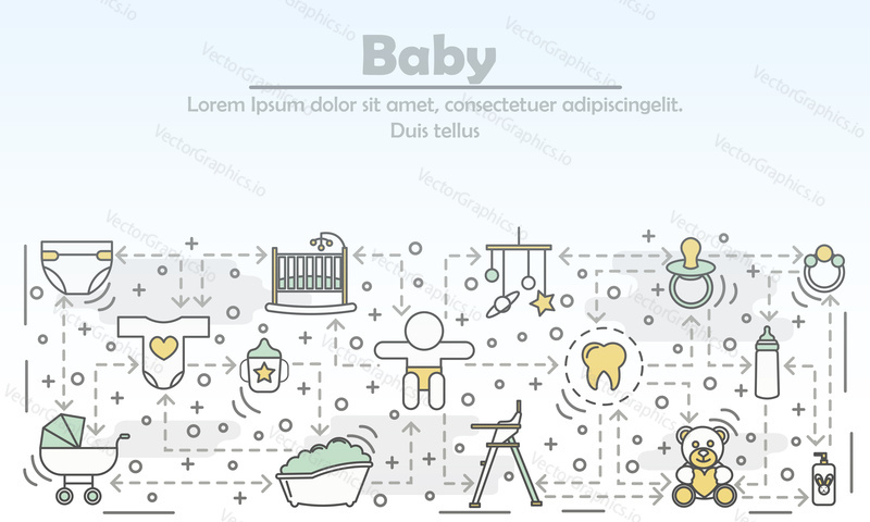 Baby concept vector illustration. Modern thin line art flat style design element with newborn baby care symbols, icons for website banners and printed materials.