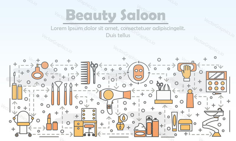 Beauty saloon advertising vector illustration. Modern thin line art flat style design with professional beauty and hair salon supplies, accessories for website banners and printed materials.