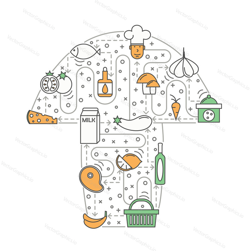 Food concept vector illustration. Modern thin line art flat style design element in the shape of mushroom with cooking ingredients symbols, icons for website banners and printed materials.
