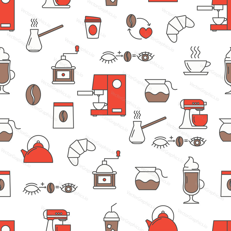 Vector seamless pattern with decorative coffee drink symbols, icons. Coffee background, wrapping paper texture thin line art flat style design.