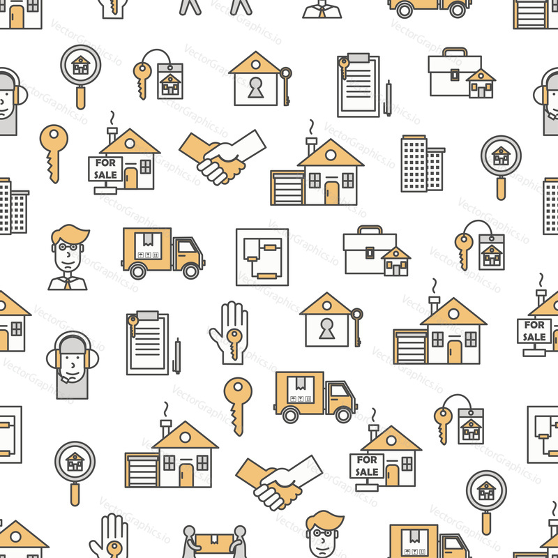 Vector seamless pattern with decorative house property symbols, icons. Property and real estate background, wrapping paper texture thin line art flat style design.