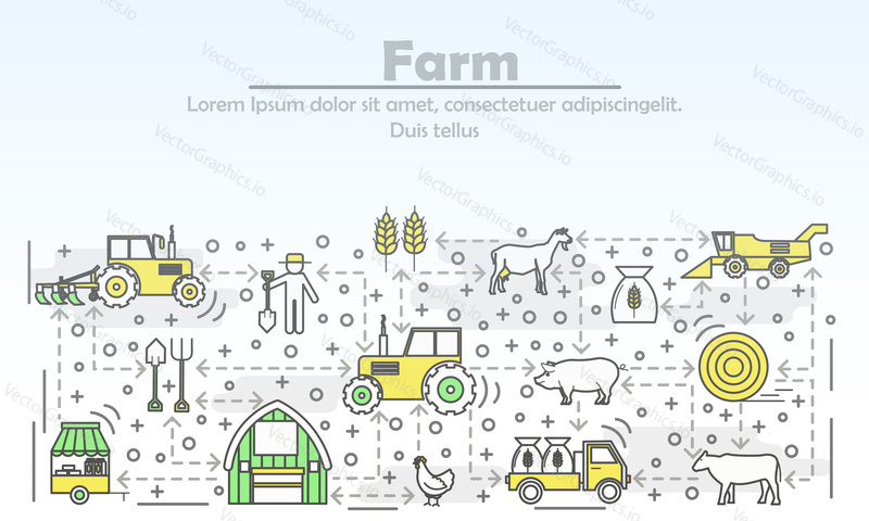 Векторная иллюстрация рекламы фермы. Современный элемент дизайна в плоском стиле thin line art с символами фермерства, значками для баннеров веб-сайтов и печатных материалов.