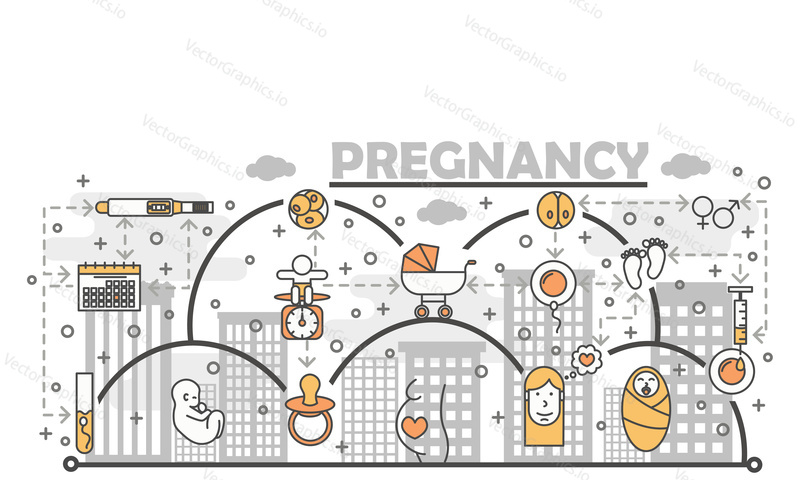 Векторная иллюстрация концепции беременности. Современный элемент дизайна в плоском стиле thin line art с символами материнства и родов, значками для баннеров веб-сайтов и печатных материалов.