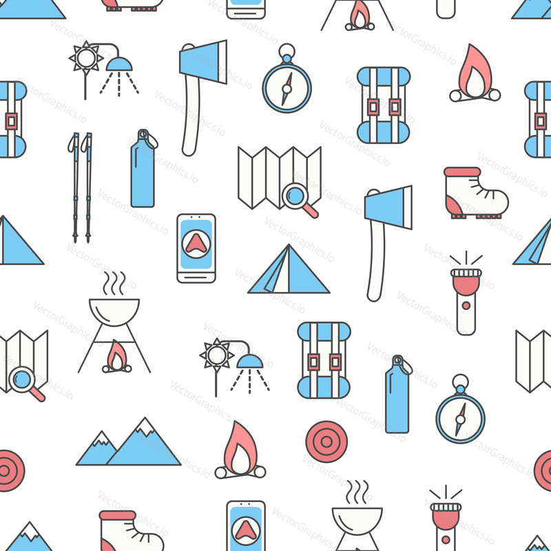 Vector seamless pattern with decorative camping, trekking symbols, icons. Hiking background, wrapping paper texture thin line art flat style design.