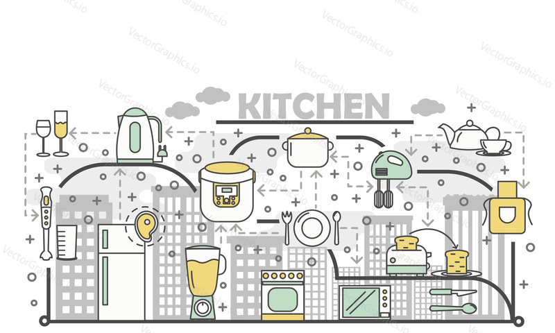 Векторная иллюстрация концепции кухни. Современный элемент дизайна в плоском стиле thin line art с кухонными приборами для баннеров веб-сайтов и печатных материалов.