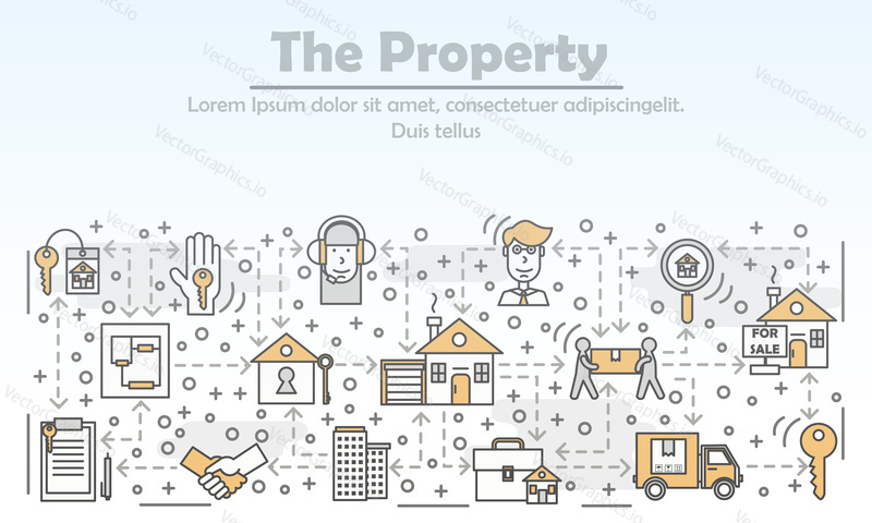 Property advertising vector illustration. Modern thin line art flat style design element with house property symbols, icons for website banners and printed materials.