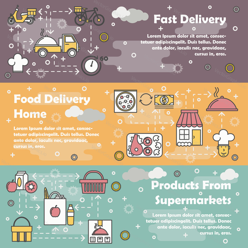 Vector set of horizontal banners with Fast delivery, Food delivery home and Products from supermarkets line art flat style design elements, web templates.