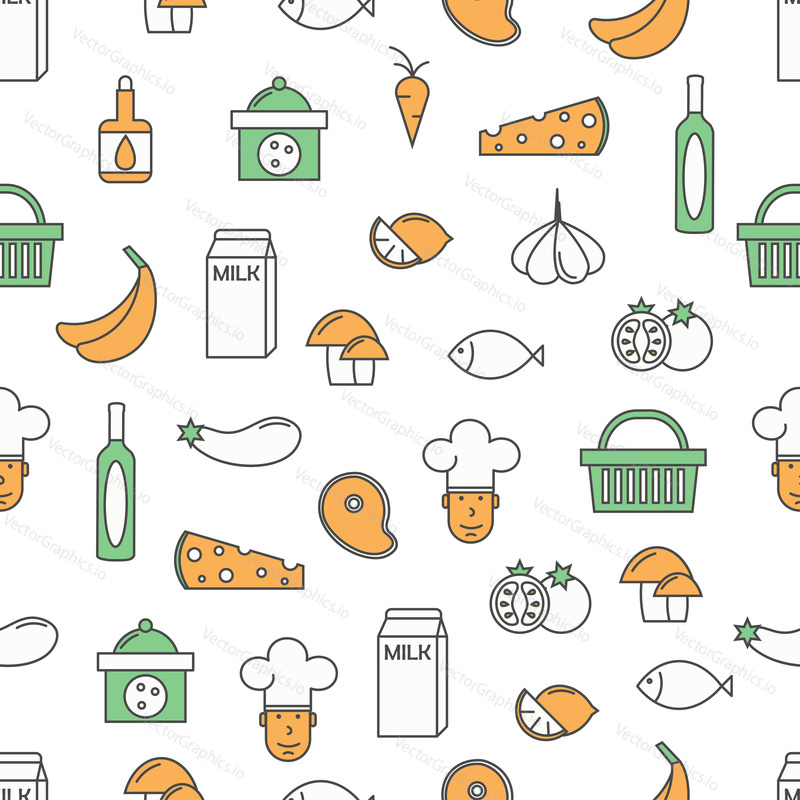 Vector seamless pattern with cooking ingredients symbols, icons. Food background, wrapping paper texture thin line art flat style design.