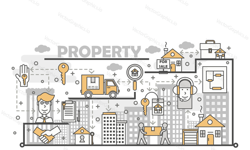 Property concept vector illustration. Modern thin line art flat style design element with house property symbols, icons for website banners and printed materials.