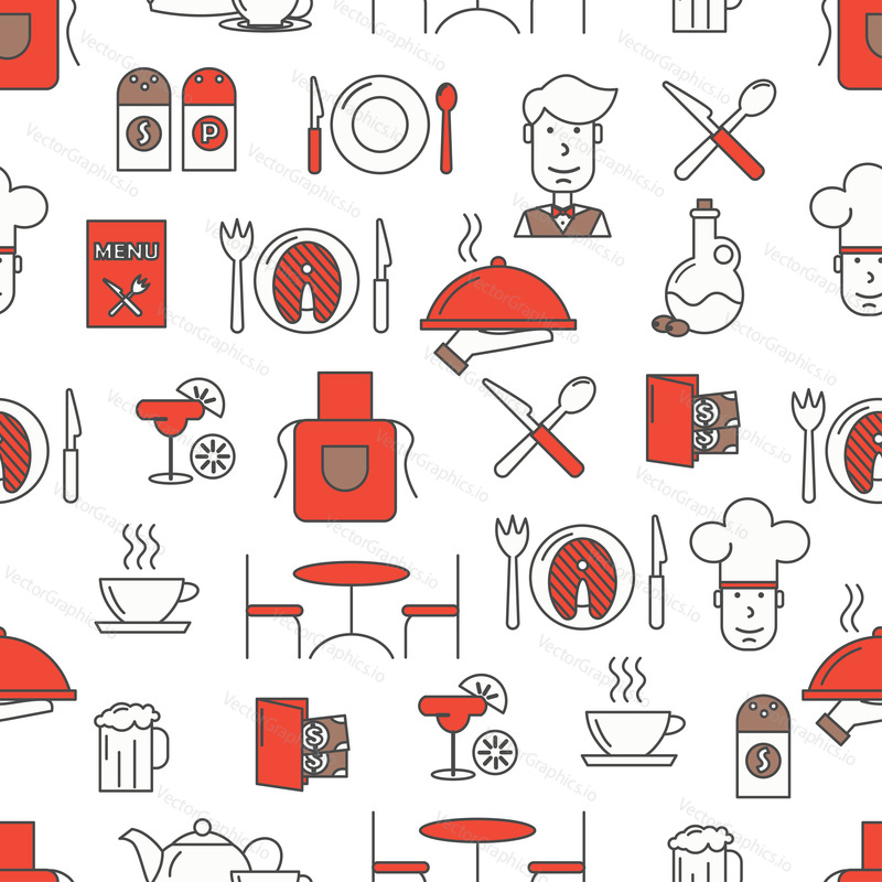 Vector seamless pattern with decorative restaurant service, food, tableware symbols, icons. Restaurant background, wrapping paper texture thin line art flat style design.