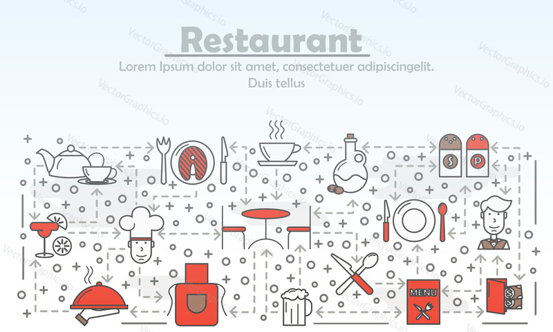Restaurant service advertising concept vector illustration. Modern thin line art flat style design element with chef, meal, tableware symbols, icons for website banners and printed materials.