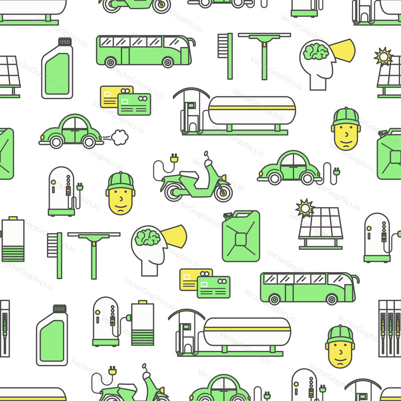 Vector seamless pattern with decorative car solar charging and petrol fueling symbols, icons. Fueling background, wrapping paper texture thin line art flat style design.