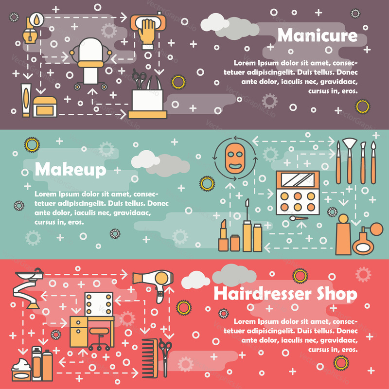 Vector set of horizontal banners with Manicure, Makeup and Hairdresser shop thin line art flat style design elements, web templates.