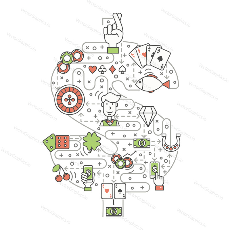 Poker concept vector illustration. Modern thin line art flat style design element in the shape of dollar sign with gambling symbols, icons for website banners and printed materials.