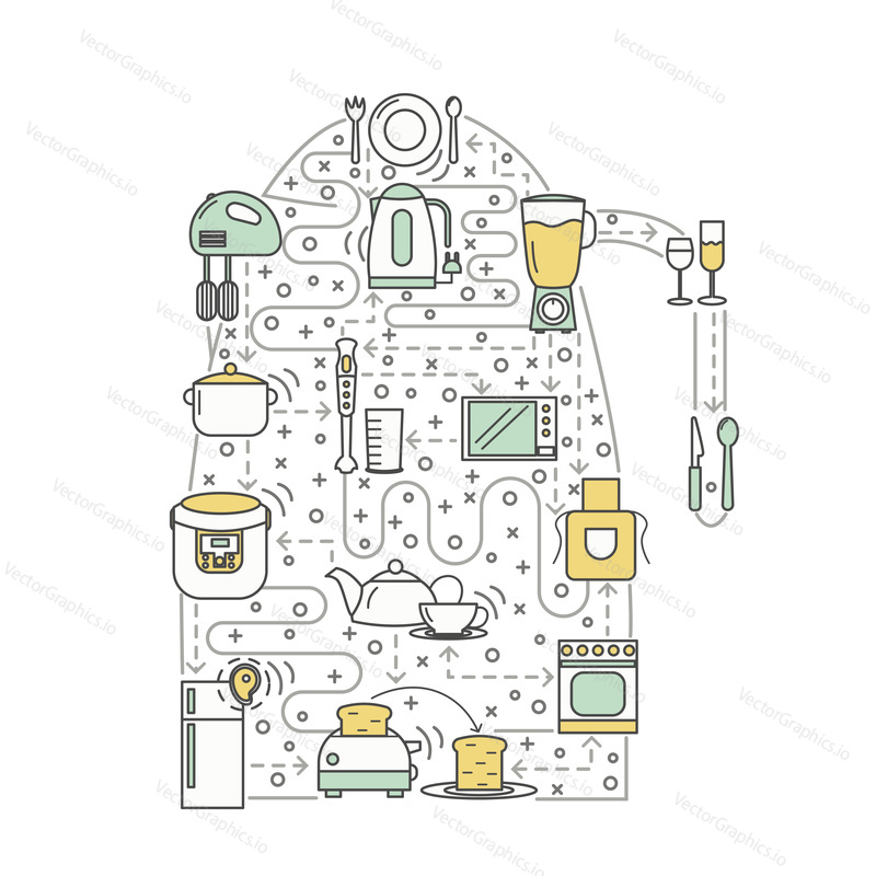 Векторная иллюстрация концепции кухни. Современный элемент дизайна в стиле thin line art flat в форме электрического чайника с кухонными приборами для баннеров веб-сайта и печатных материалов.