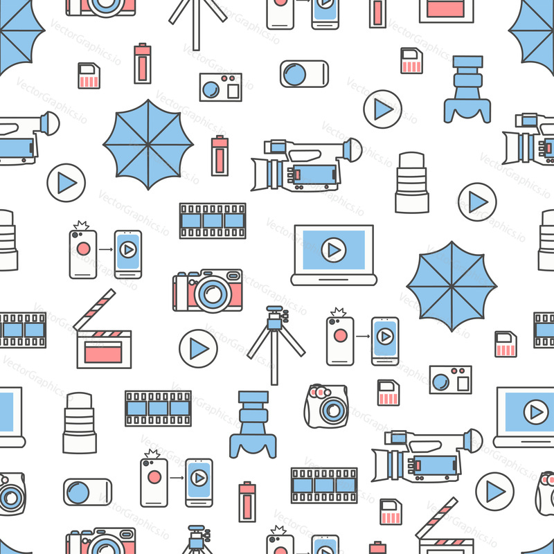 Vector seamless pattern with decorative photographic symbols, icons. Photography background, wrapping paper texture thin line art flat style design.