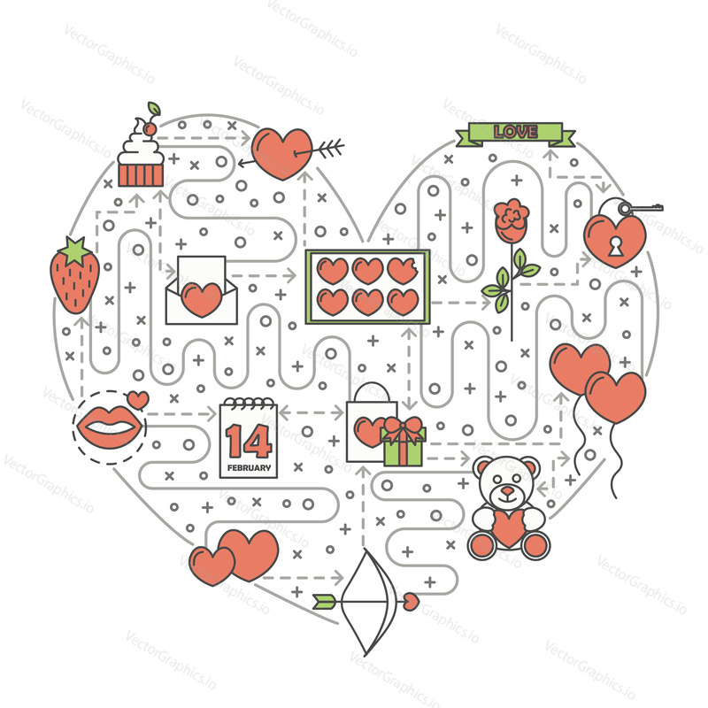 Love heart shaped vector illustration. Modern thin line art flat style design element with Saint Valentines day love romantic symbols, icons for website banners and printed materials.