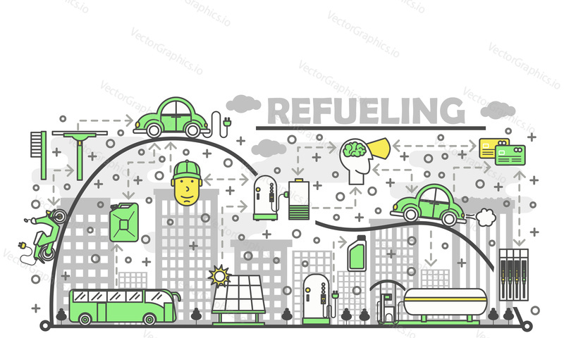 Refueling concept vector illustration. Modern thin line art flat style design element with car solar charging and petrol fueling symbols, icons for website banners and printed materials.