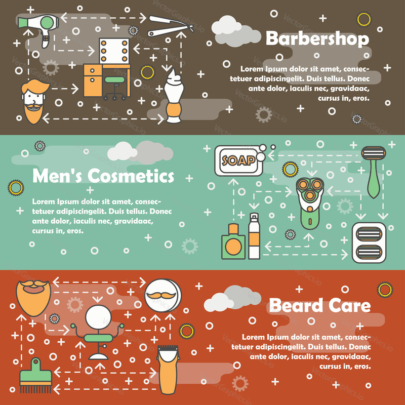 Vector set of horizontal banners with Barbershop, Mens cosmetics and Beard care line art flat style design elements, web templates.