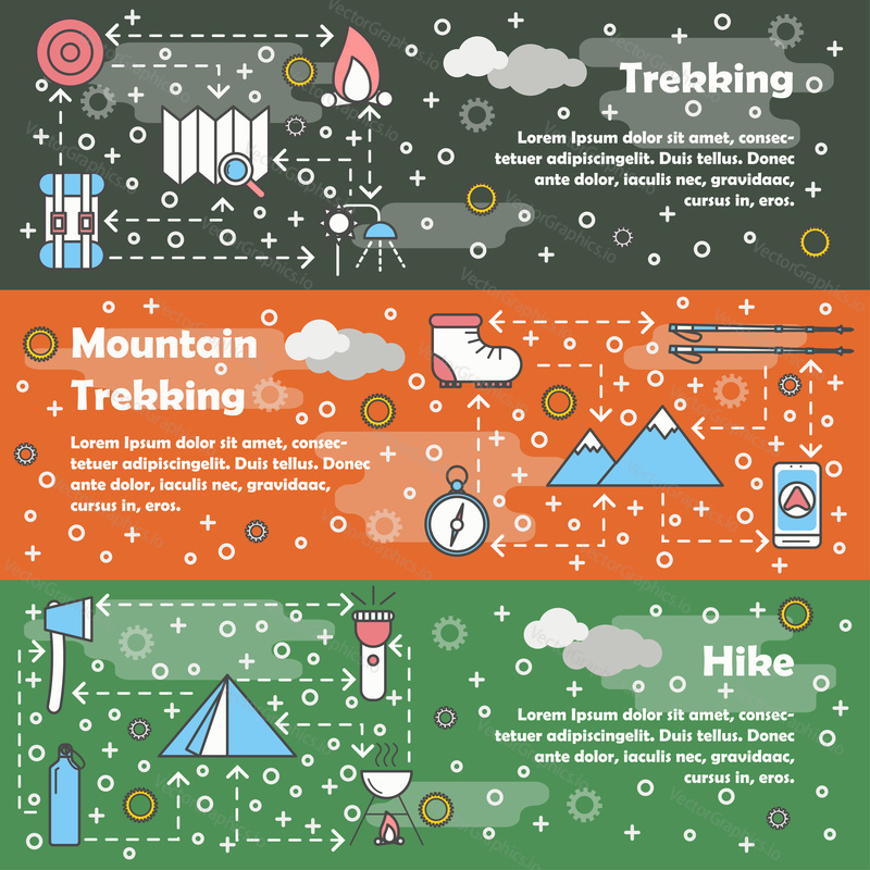 Vector set of horizontal banners with Trekking, Mountain trekking and Hike line art flat style design elements, web templates.