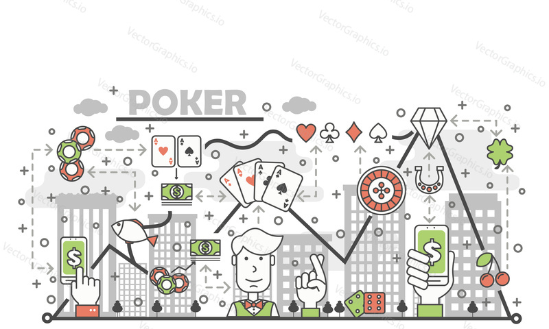 Poker card game concept vector illustration. Modern thin line art flat style design element with gambling symbols, icons for website banners and printed materials.
