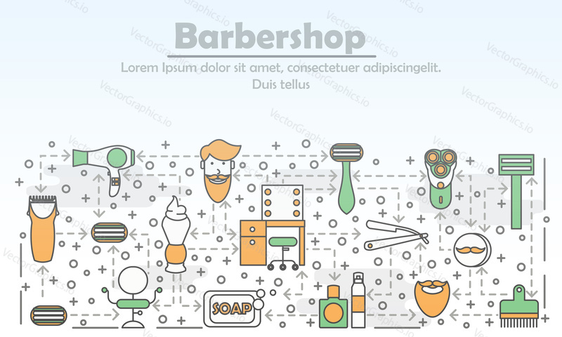 Barbershop advertising vector illustration. Modern thin line art flat style design element with shaving and grooming symbols, icons for website banners and printed materials.