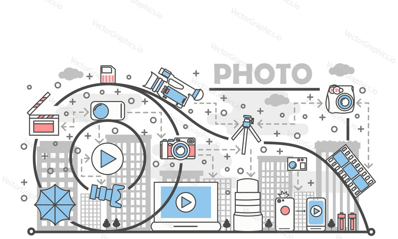Photo concept vector illustration. Modern thin line art flat style design element with photography equipment symbols, icons for website banners and printed materials.