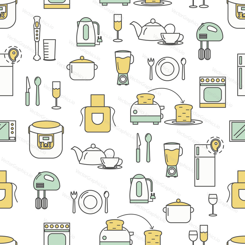 Vector seamless pattern with decorative kitchen appliances and cooking symbols, icons. Kitchen background, wrapping paper texture thin line art flat style design.