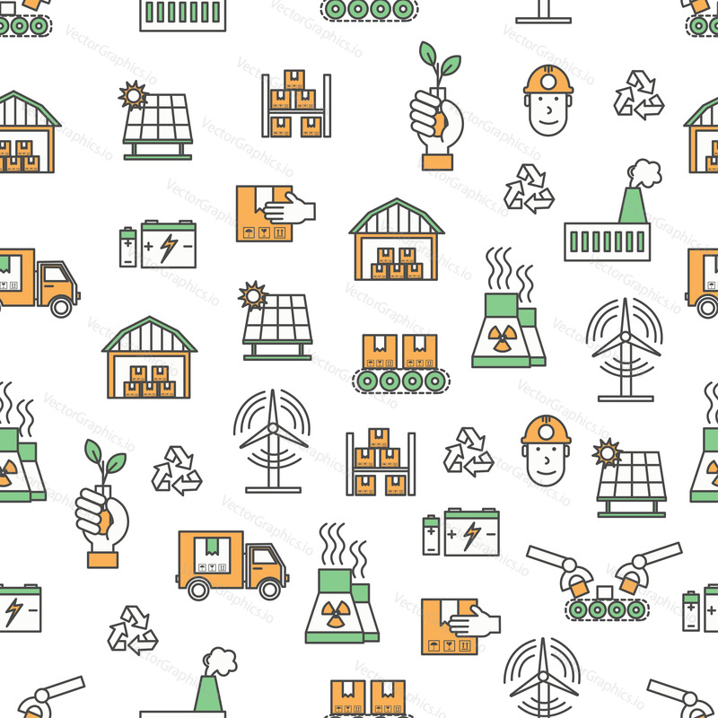 Vector seamless pattern with decorative ecology production symbols, icons. Ecological factory background, wrapping paper texture thin line art flat style design.