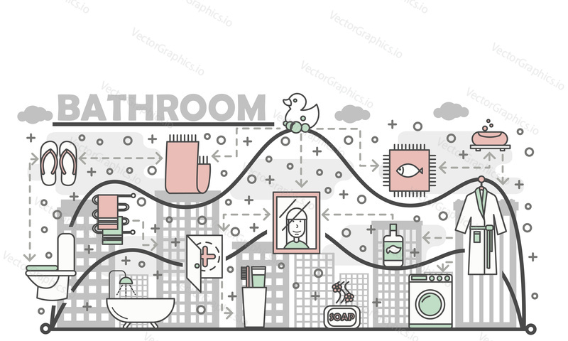Векторная иллюстрация концепции ванной комнаты. Современный элемент дизайна в плоском стиле thin line art с символами ванной комнаты, значками для баннеров веб-сайтов и печатных материалов.