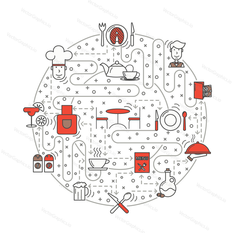 Restaurant service concept vector illustration. Modern thin line art flat style design element with chef, meal, kitchenware, tableware icons in circle for website banners and printed materials.