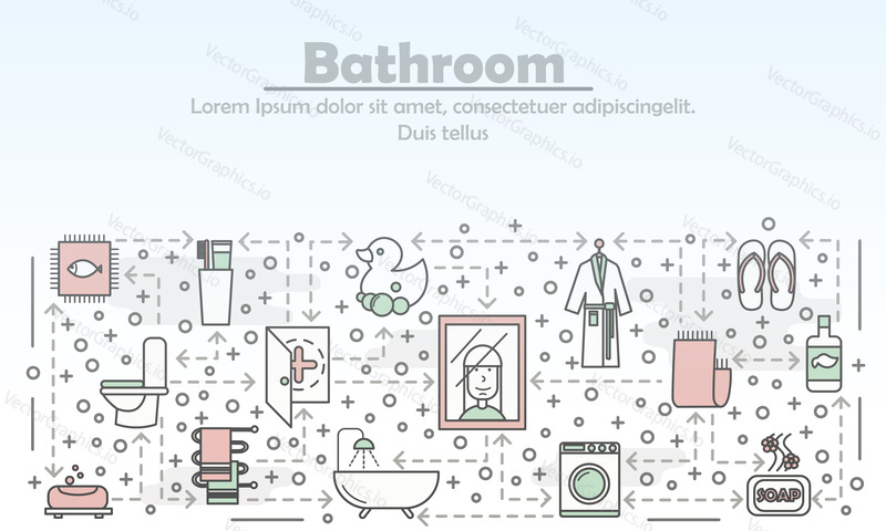 Векторная иллюстрация рекламы ванной комнаты. Современный элемент дизайна в плоском стиле thin line art с символами ванной комнаты, значками для баннеров веб-сайтов и печатных материалов.