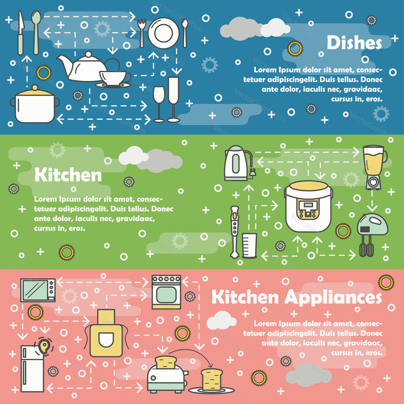 Vector set of horizontal banners with Dishes, Kitchen and Kitchen appliances line art flat style design elements, web templates.