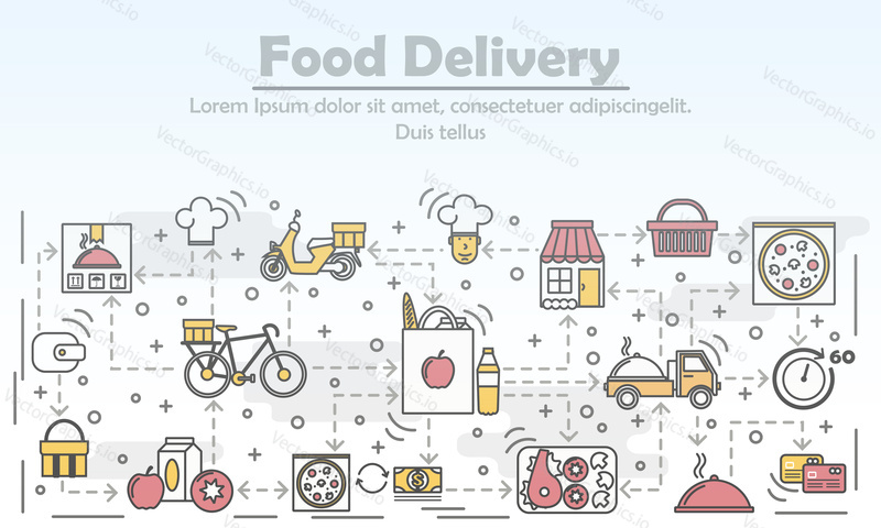Food delivery advertising vector illustration. Modern thin line art flat style design element with meal delivery service symbols, icons for website banners and printed materials.