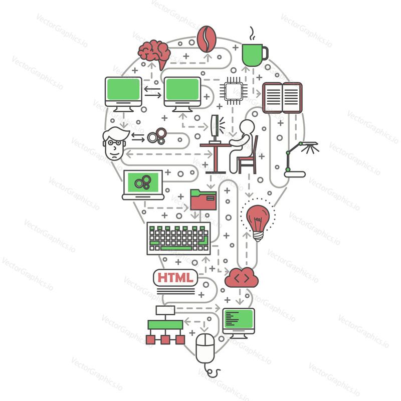 Programmer concept vector illustration. Modern thin line art flat style design element in the shape of light bulb with computer programming symbols, icons for website banners and printed materials.