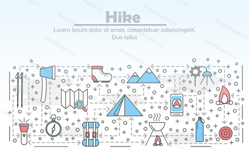 Hike advertising vector illustration. Modern thin line art flat style design element with camping and hiking symbols, icons for website banners and printed materials.
