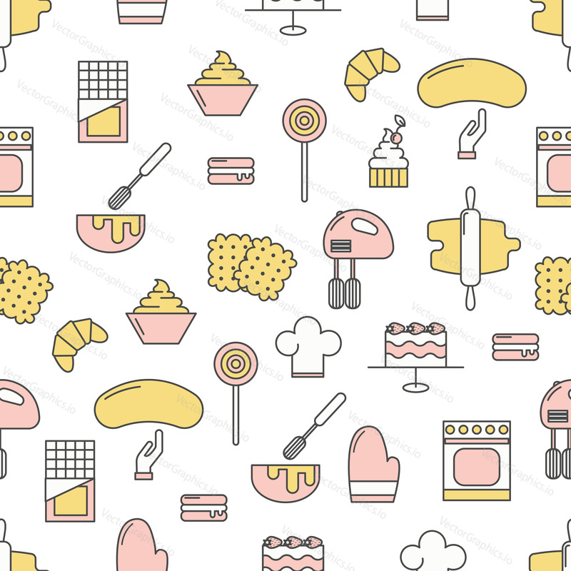 Vector seamless pattern with decorative pastry sweet food symbols, icons. Confectionery background, wrapping paper texture thin line art flat style design.