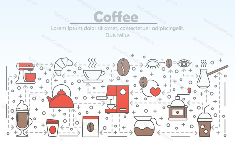 Coffee advertising vector illustration. Modern thin line art flat style design element with coffee drink symbols, icons for website banners and printed materials.