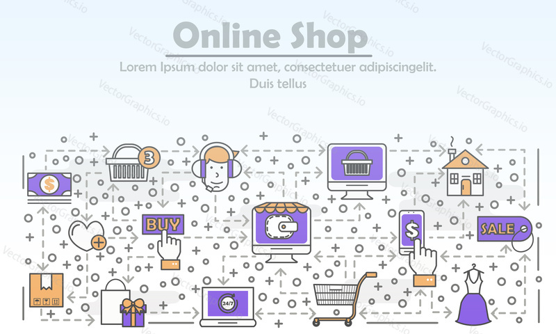 E-commerce business advertising vector illustration. Modern thin line art flat style design element with online shopping symbols, icons for website banners and printed materials.