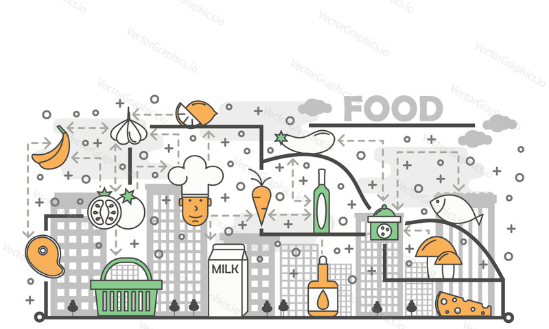 Food concept vector illustration. Modern thin line art flat style design element with cooking ingredients symbols, icons for website banners and printed materials.