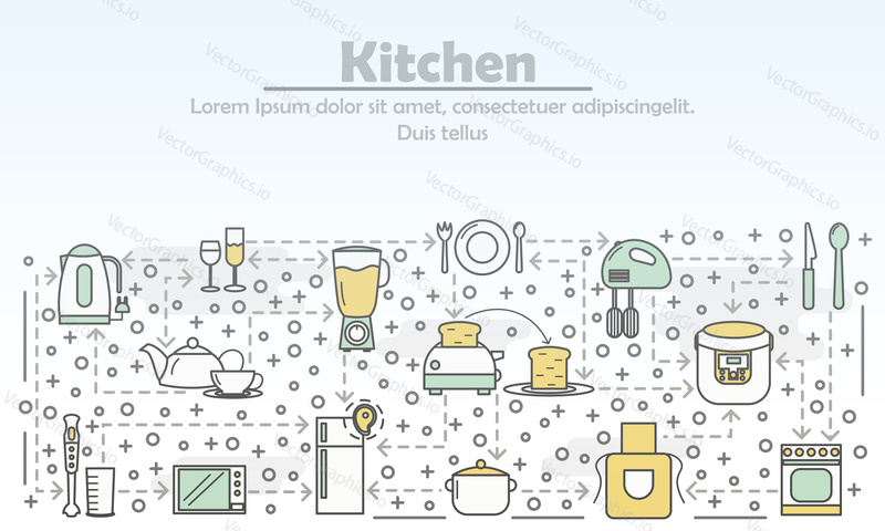 Векторная иллюстрация рекламы кухни. Современный элемент дизайна в плоском стиле thin line art с кухонными приборами и кухонной утварью для баннеров веб-сайта и печатных материалов.