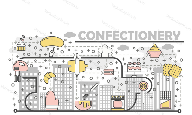 Confectionery concept vector illustration. Modern thin line art flat style design element with bakery pastry sweet food symbols, icons for website banners and printed materials.