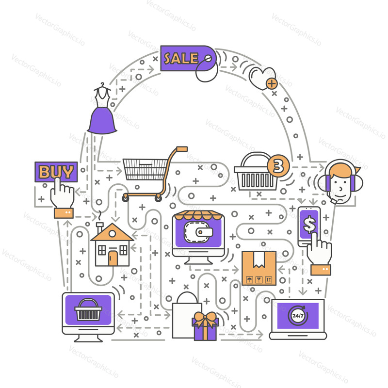 E-commerce business concept vector illustration. Modern thin line art flat style design element in the shape of shopping basket with online shop icons for website banners and printed materials.